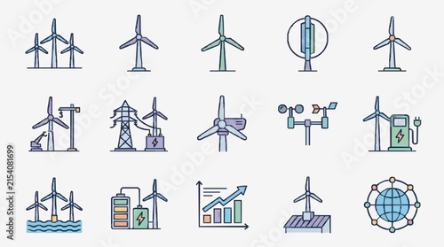 Sleek Colorful Illustrations of Modern Wind Energy Systems and Renewable Power Concepts with Icons