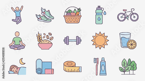 Sleek Colorful Infographic Icons Depicting Healthy Lifestyle Habits Fitness Nutrition Sleep and Hygiene Essentials