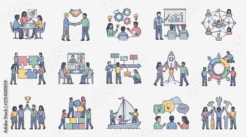 Sleek Colorful Illustrations of Teamwork Collaboration and Business Growth Concepts with Diverse Professionals