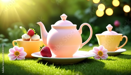 Pastel tea party set with flowers in sunny garden