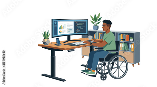 Man in wheelchair working at office desk with wide monitor