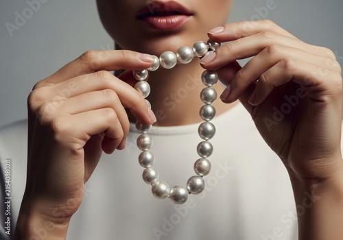 Elegant woman wearing a beautiful silver pearl necklace around her neck