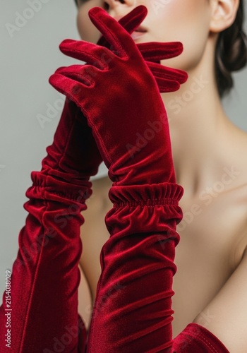 Elegant woman wearing long red velvet gloves for a formal evening event
