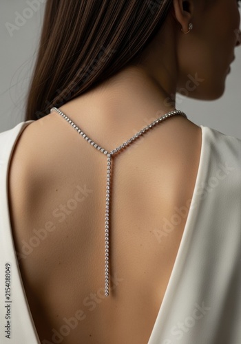 Woman wearing a beautiful diamond necklace on her back in a summer dress