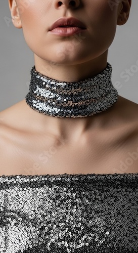 Close up of a woman wearing a shiny black sequin choker and dress