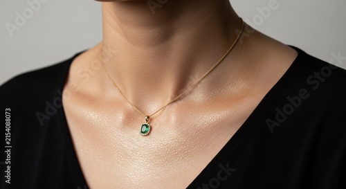 Elegant gold necklace with a green gemstone pendant on a woman neck