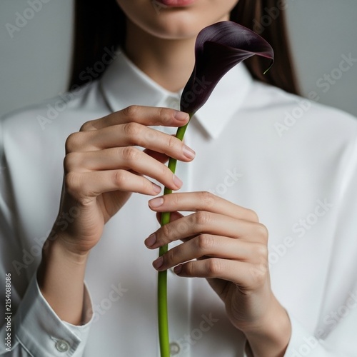 Woman in white shirt holding a dark calla lily flower