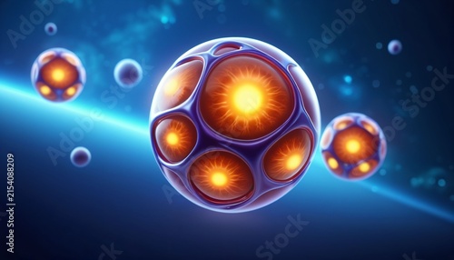 Abstract microscopic cell cluster with glowing internal spheres