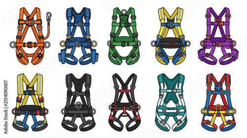 Set of colorful safety harnesses for industrial fall protection.