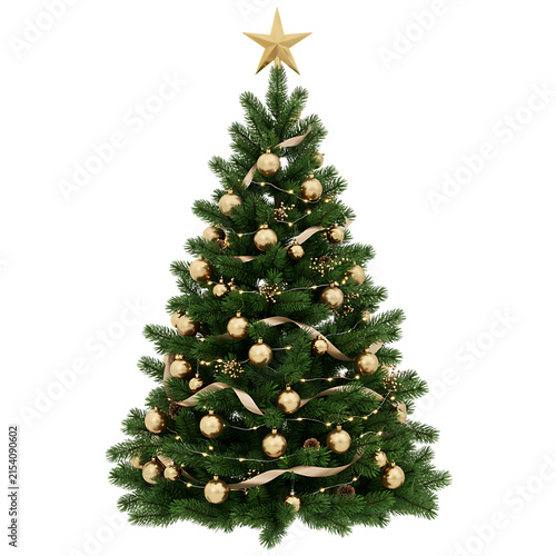 Christmas Tree Isolated on White Background, Green Fir Tree with Holiday Decorations for Christmas, Xmas, Winter Celebration, New Year, December Festivities and Seasonal Gift Concept