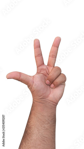 A hand showing three fingers possibly indicating a count or a gesture of peace or victory isolated on white with clear focus