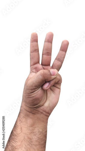 Hand counting three fingers showing the number 3 with a plain white background and studio lighting
