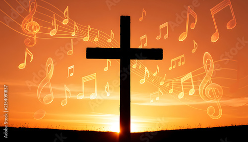 Christian Gospel Music Concept with Wooden Cross and Notes