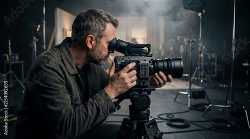 Fototapeta kuchenna Professional cinematographer looking through the viewfinder of a heavy cinema camera