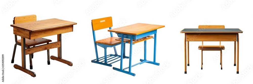 Fototapeta premium Wooden school study desks set isolated on transparent background