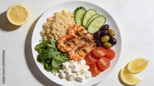 Healthy Mediterranean Grilled Shrimp and Couscous Bowl with Feta and Fresh Vegetables