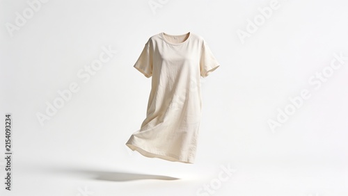 Floating Cream T Shirt Dress for Minimalist Casual Fashion on White Background