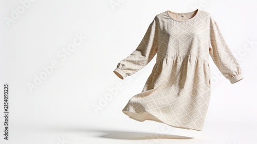 Floating Beige Geometric Patterned Women s Dress on White Background