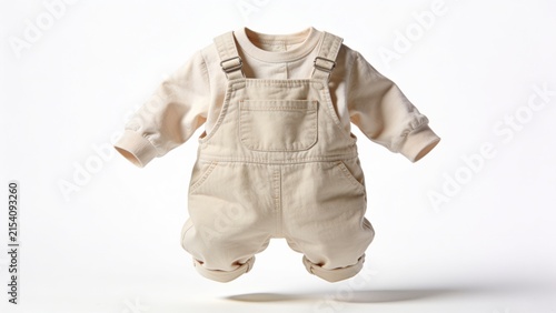Adorable Neutral Beige Baby Overalls and Long Sleeve T Shirt Outfit Set on White Background