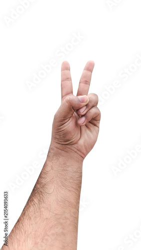 A hand making the peace sign on a white background signifying victory or success with clear focus and even lighting