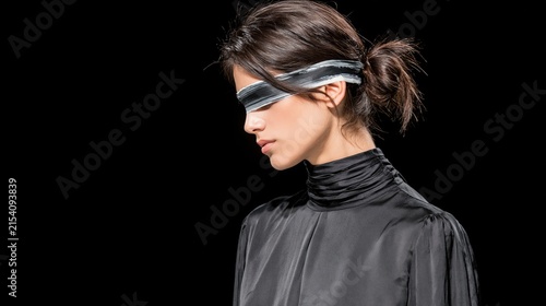 Blindfolded fashion model in satin high necked turtleneck is humble