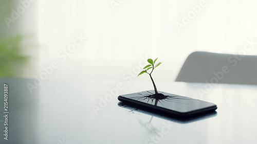A small green plant growing from a broken smartphone screen. Illustrates the clash between technology and nature, digital sustainability, and life persisting in a digital world.