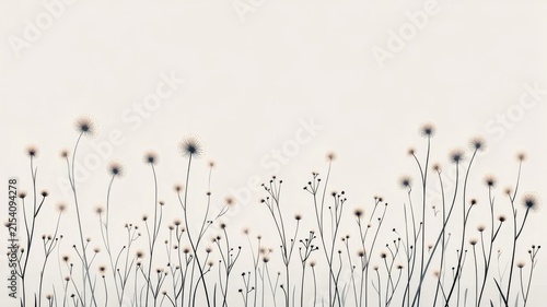 Minimalist botanical illustration with delicate wildflower meadow on soft cream background for elegant artistic interior decor.