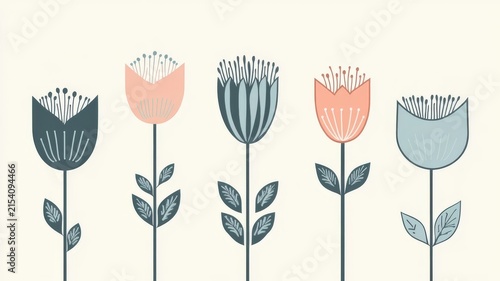Minimalist botanical floral art illustration with five stylized pastel flowers on stems for decorative wall interior design projects.