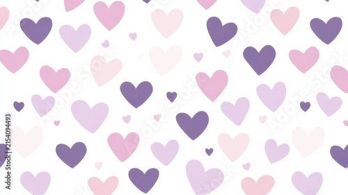 Seamless repeating pattern featuring cute purple and pink heart shapes on white background for romantic decorative wallpaper designs.