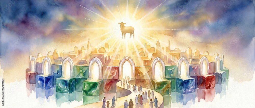 Fototapeta premium Lamb of God shining above the New Jerusalem. Religious illustration depicting the heavenly city, streets of gold and gates of pearl based on the book of Revelation prophecy. Banner with copy space