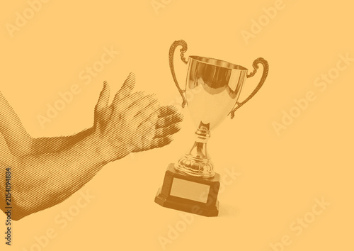 Fotografía Retro pop art style background depicting achievement and appreciation, featuring a pair of clapping hands and a golden trophy with halftone dot texture on a warm mustard yellow background