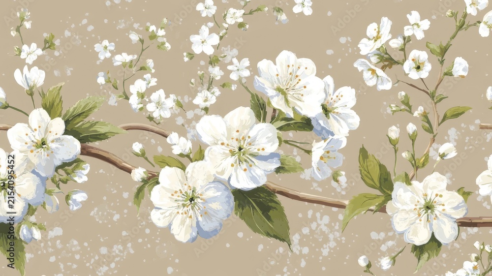 Fototapeta premium Elegant white cherry blossom floral seamless pattern on soft beige background for spring textile fabric wallpaper design elements.