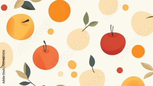 Seamless pattern featuring assorted fruits and leaves illustration for healthy food design background concepts.