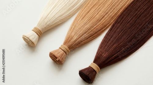 Three bundles of straight hair extensions isolated on white background