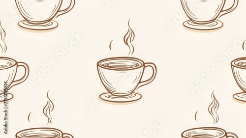 Seamless pattern featuring hand drawn coffee cups with rising steam for cafe decor and kitchen design backgrounds.