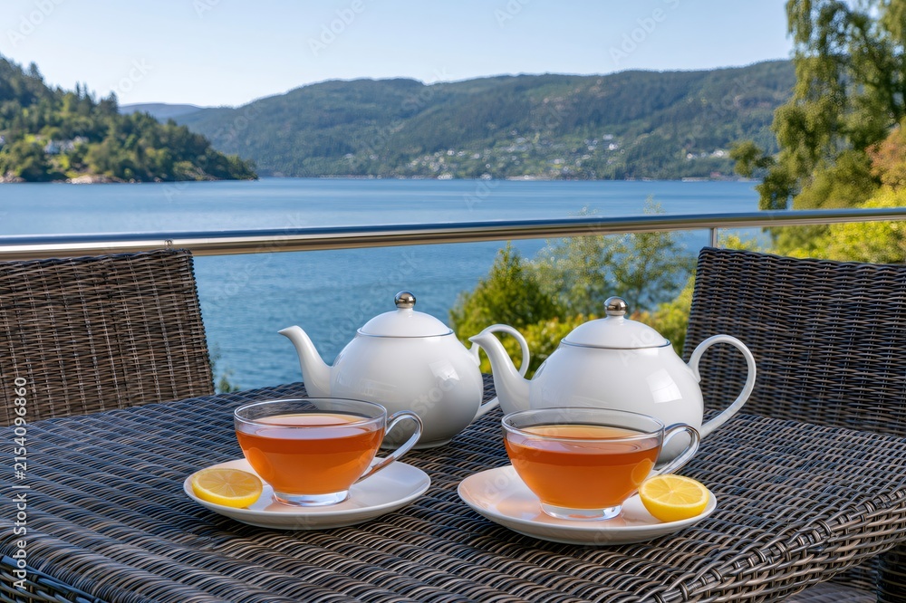 Fototapeta premium Relaxing tea time on a balcony with fjord view