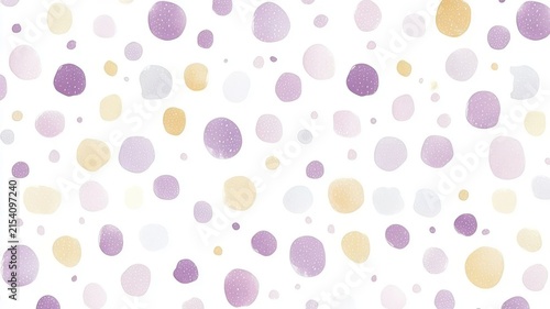 Pastel polka dot watercolor pattern design featuring soft purple and yellow abstract circles on white background texture.