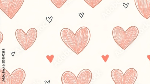 Seamless pattern of cute hand drawn pink hearts for valentines day greeting cards and romantic design projects background wallpaper art.