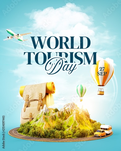 World Tourism Day concept with airplane hot air balloon and travel elements on a blue background