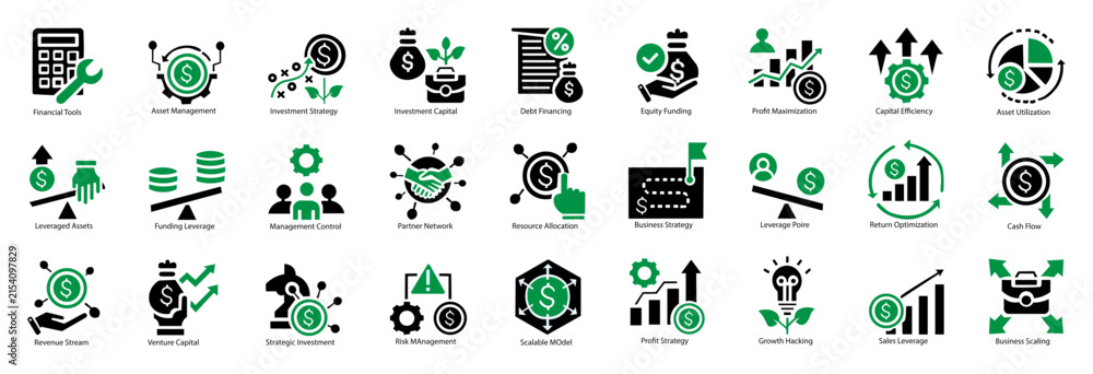 Fototapeta premium business leverage icon set flat style illustration. containing competitive edge, economic scale, synergy effect, strategic advantage, growth potential, equity funding, profit maximization 