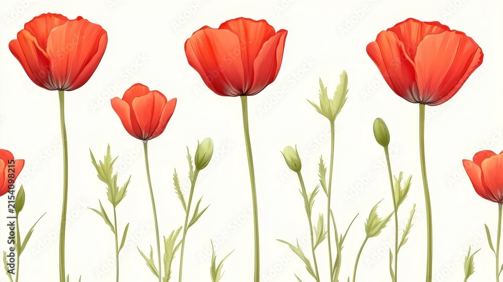 Obraz premium Beautiful red poppy flowers blooming in botanical garden field art artistic illustration featuring elegant red poppy flowers against white.