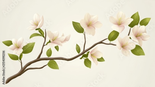 Elegant magnolia flower branch illustration with soft green leaves and delicate petals on cream background for spring art decoration.