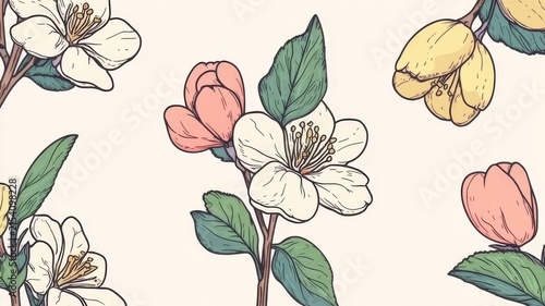 Beautiful hand drawn botanical flower pattern illustration for springtime garden decor and elegant floral wallpaper background designs.