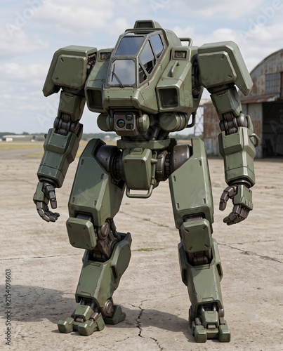 Heavy Green Bipedal Military Mech on Concrete Tarmac