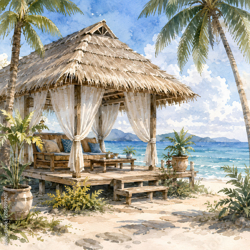 Watercolor Tropical Beach Hut with Ocean View and Palm Trees