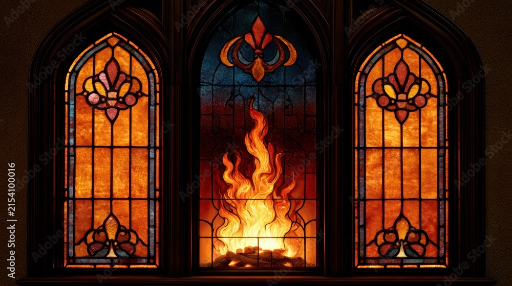 Obraz premium Bright orange glass panels create a warm glow around a bonfire in a cozy room at night. Ornate designs add to the charm of the scene.