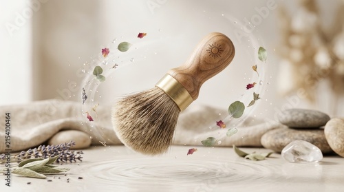 Natural soft brush with wooden handle and brass ferrule surrounded by levitating leaves and petals.
