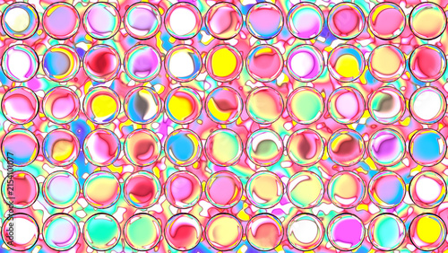 Vibrant Iridescent Circles on Abstract Pink Fluid Background