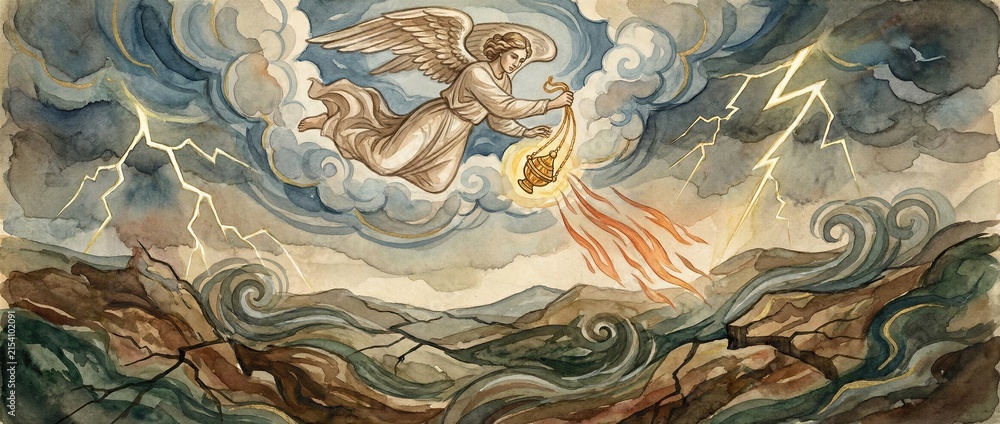 Obraz premium Angel casting fire from golden censer onto earth. Biblical apocalypse scene representing revelation of seven seals and judgment. Banner with copy space
