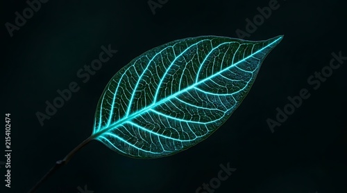 Glowing Turquoise Leaf with Intricate Veins Against a Dark Background